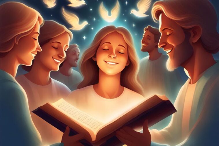 Group of smiling people with eyes closed, holding open book that is glowing, with doves and stars in the background.