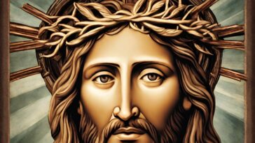 Close-up of a face with long hair and a beard, wearing a crown of leaves, against a light blue background with radiating lines.