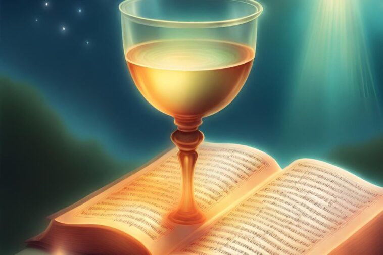 A glass goblet filled with light-colored liquid sits on an open book, with a blue background and shining light.