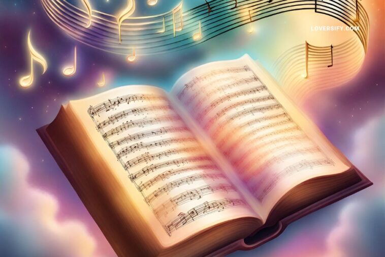 Open music book with notes floating above against a dreamy sky.