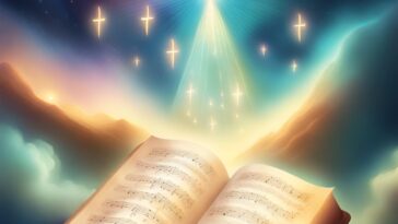 Open book of sheet music against a sky with glowing crosses and mountains.