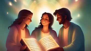 Three people smile while looking at an open music book that glows. A rainbow and white doves are in the background.