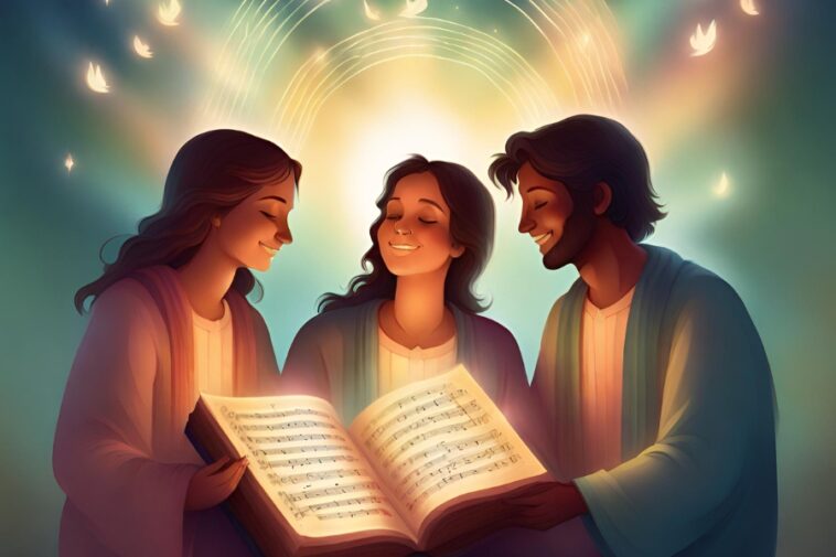Three people smile while looking at an open music book that glows. A rainbow and white doves are in the background.