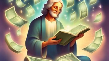 A man with white hair and beard sits cross-legged, reading a book, surrounded by floating money and stars.