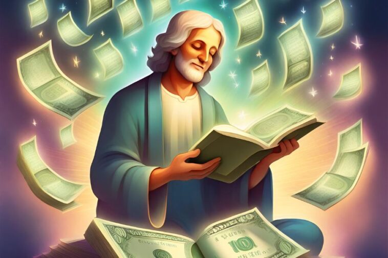 A man with white hair and beard sits cross-legged, reading a book, surrounded by floating money and stars.
