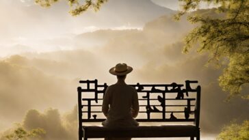 Person with a hat sits on a bench, facing a misty mountain range.