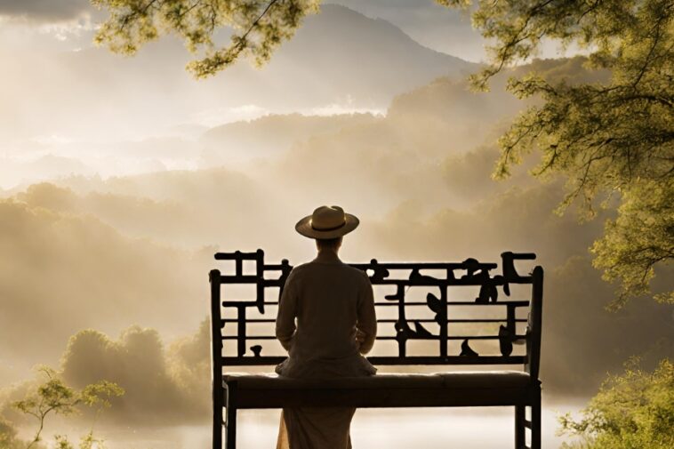 Person with a hat sits on a bench, facing a misty mountain range.