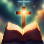 Open book with text, glowing cross behind it, set against a cloudy, starry sky.