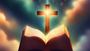 Open book with text, glowing cross behind it, set against a cloudy, starry sky.