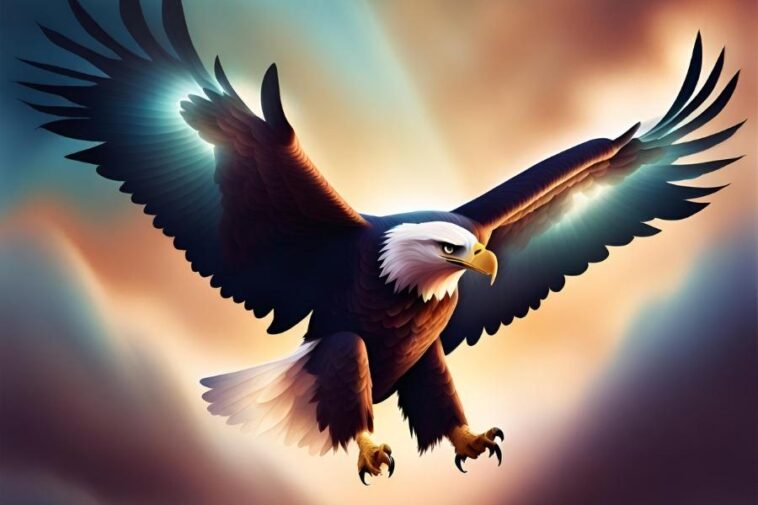 Bald eagle soars with outstretched wings against a colorful, cloudy sky.