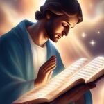 A man in a blue robe looks down at an open book of sheet music, with his hands clasped together. The background features soft, glowing light and stars.