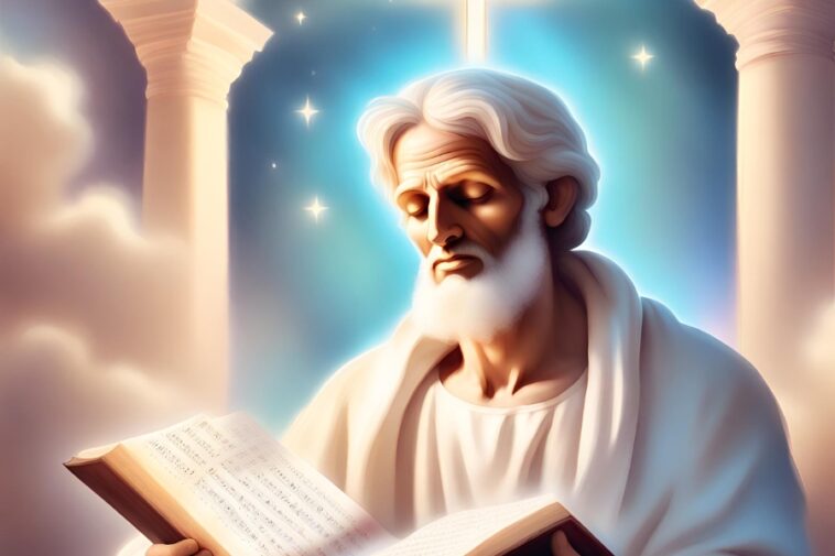 Figure with white hair and beard reading a book, with columns, clouds, stars, and a bright light in the background.