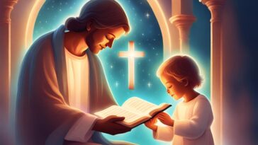 Illustration of a man and child reading a book together, with a glowing cross in the background.