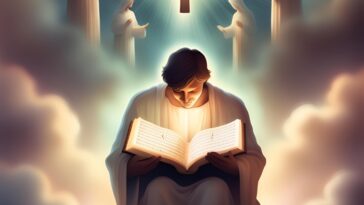 Person in white robe reading a glowing book, with a cross and figures in the background.
