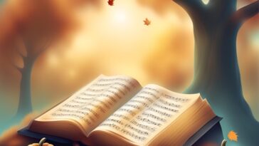 Open book of sheet music with pumpkins in a dreamy autumn scene.