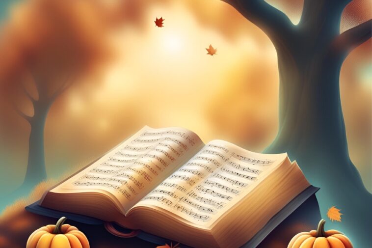 Open book of sheet music with pumpkins in a dreamy autumn scene.