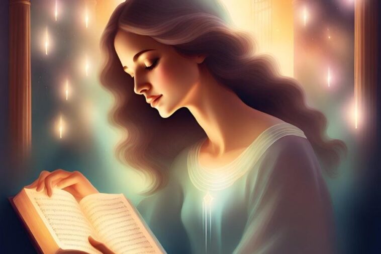 A woman with long wavy hair is reading a glowing book. There are lights in the background.