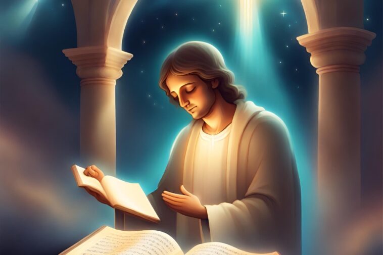 Figure in a white robe reading a book, with a beam of light shining down from above, framed by columns.