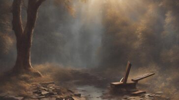 A serene forest scene with a large tree to the left, a stone path leading to a stream, and a broken wooden chair on the right. Sunlight filters through the trees in the background.
