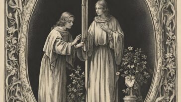 Sepia-toned illustration shows two figures in robes standing near a cross, framed by an ornate oval border with floral and leafy designs. Potted plants and flowers are also present.