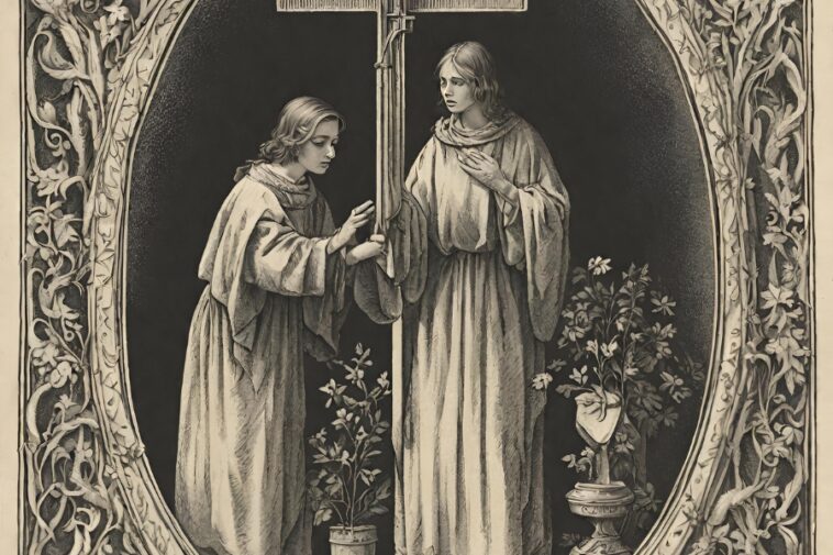 Sepia-toned illustration shows two figures in robes standing near a cross, framed by an ornate oval border with floral and leafy designs. Potted plants and flowers are also present.