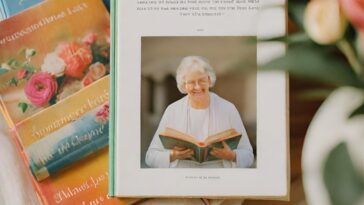 Open book shows a photo of an older woman reading, next to a stack of books with floral covers.