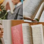Collage of religious imagery: a person praying near flowers, open books with handwritten text, a woman in a headscarf with eyes closed, and an open book of sheet music.