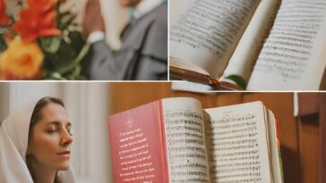 Collage of religious imagery: a person praying near flowers, open books with handwritten text, a woman in a headscarf with eyes closed, and an open book of sheet music.