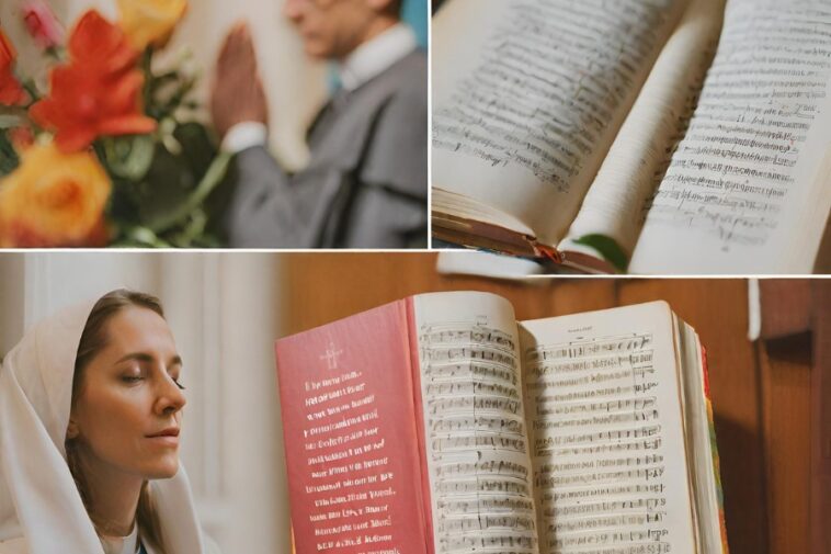 Collage of religious imagery: a person praying near flowers, open books with handwritten text, a woman in a headscarf with eyes closed, and an open book of sheet music.