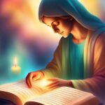 Woman in a head covering reads a book by candlelight.