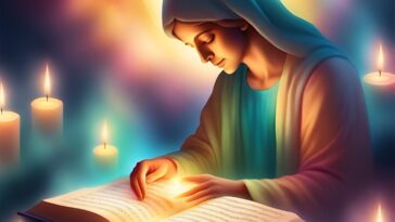 Woman in a head covering reads a book by candlelight.