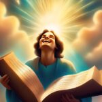 Person in a blue robe laughs with eyes closed, holding open a large book with writing on its pages, against a background of clouds and bright rays of light.