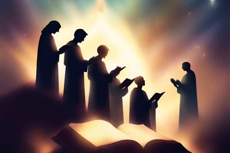Silhouetted figures stand with books, bathed in golden light, with an open book in the foreground and a star in the sky.
