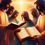 Group of men in robes reading from open books, with a bright starburst in the background.