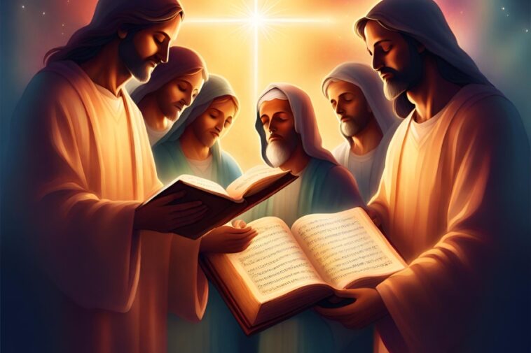 Group of men in robes reading from open books, with a bright starburst in the background.