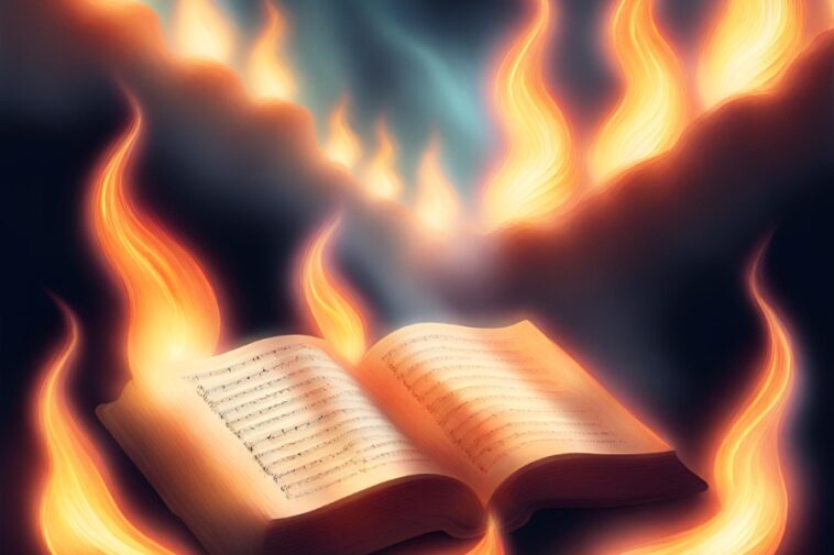 Open book with musical notes surrounded by flames.