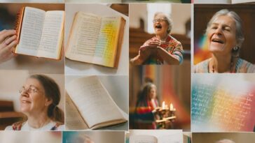 A collage of images shows older women laughing, holding open books with handwritten text, and candles.