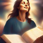 Illustration of a woman with long brown hair, eyes closed, holding open sheet music in front of a light-filled background.