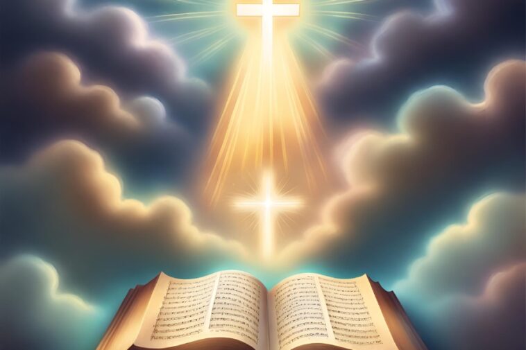 Open book with musical notes, two glowing crosses, and clouds.