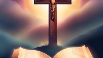 Crucifix above an open book, against a soft, hazy mountain backdrop.
