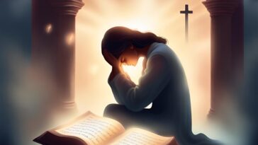 Person kneeling with head in hands next to an open book, with pillars, a cross, and bright light in the background.