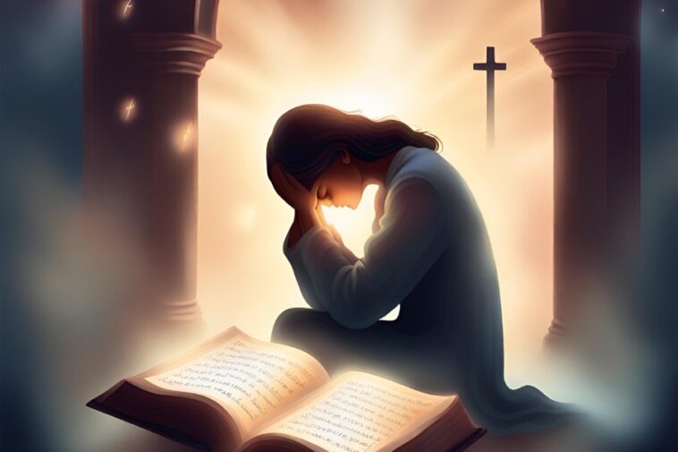 Person kneeling with head in hands next to an open book, with pillars, a cross, and bright light in the background.