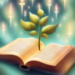 Open book with plant growing from it, candles floating in the background.