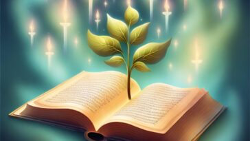 Open book with plant growing from it, candles floating in the background.