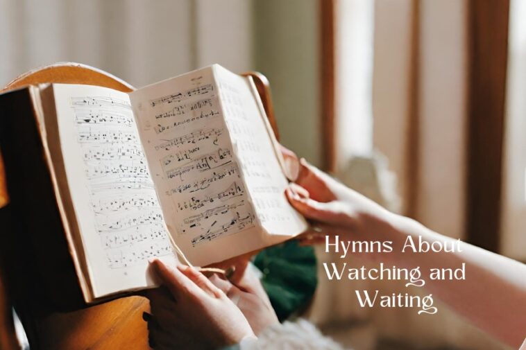 Open hymnal on a wooden stand, held by hands, displaying musical notes and text.