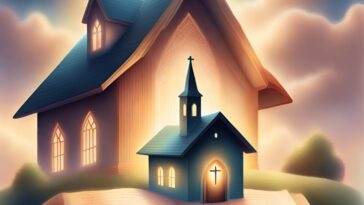 Two church buildings sit on an open book, with soft, cloudy skies in the background.