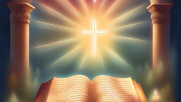 Open book with text, lit by a glowing cross and rays of light, framed by pillars and candles.