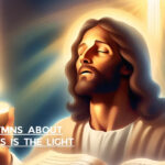 Painting of a man with long hair, eyes closed, holding a lit candle, and text "HYMNS ABOUT JESUS IS THE LIGHT".