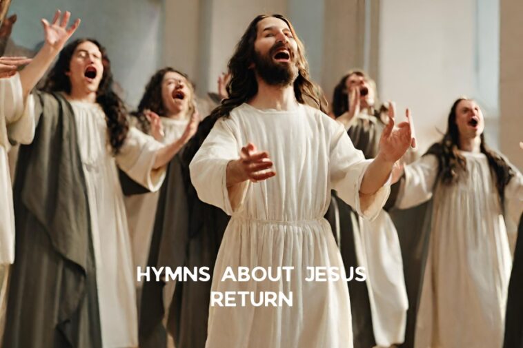 A group of people in robes are singing with their mouths open and hands raised. The text "HYMNS ABOUT JESUS RETURN" is superimposed on the bottom of the image.