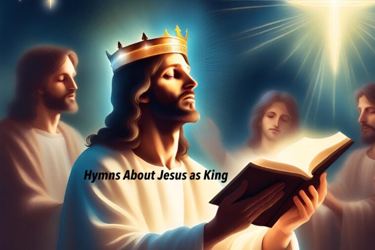 Illustration of Jesus wearing a crown, surrounded by other figures, holding an open book with a glowing light above. Text reads "Hymns About Jesus as King.